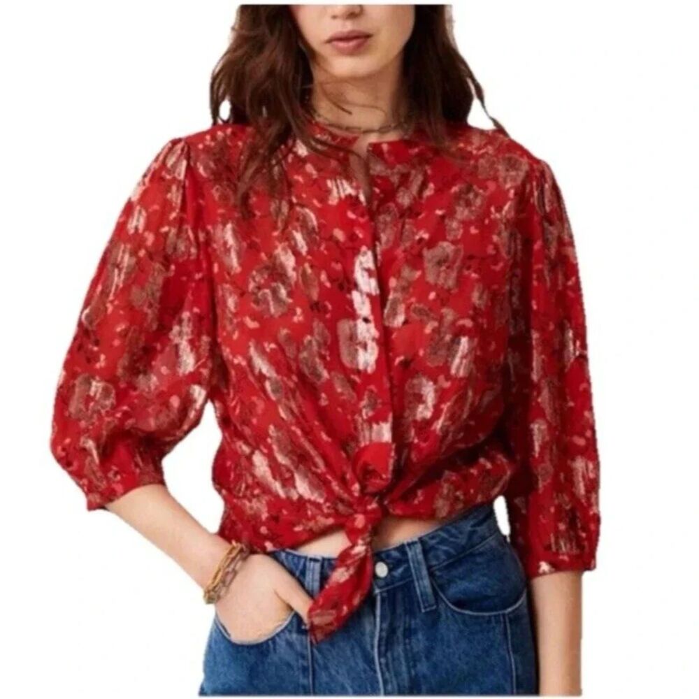 ba&sh Tanama Silk Blouse Red Metallic Gold Size Medium
